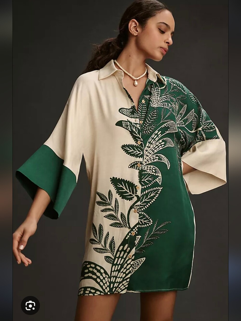 Farm Rio x Anthropologie Leaf Print Tunic Button Front Collared Mini Dress